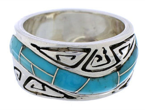 Silver And Turquoise Inlay Water Wave Ring Size 5-1/4 EX40809